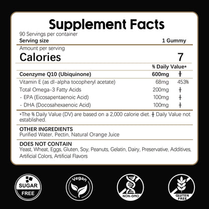 LKINT CoQ10 Gummies 600mg — Sugar Free with Omega-3 & Vitamin E (Pack of 2, 180 Gummies)