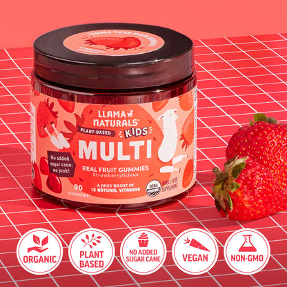 Llama Naturals Kids Multivitamin Gummies - Vegan, Organic, Strawberry, 90 Ct