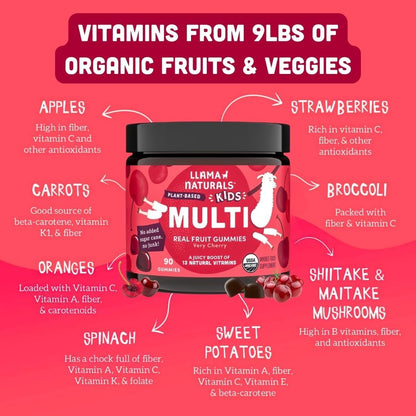 Llama Naturals Kids Multivitamin Gummies - Vegan, Organic, Cherry, 90 ct