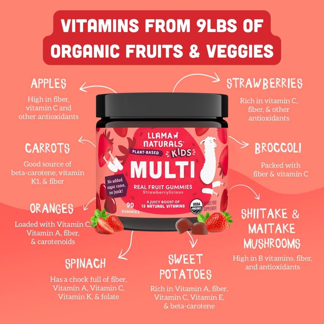 Llama Naturals Kids Multivitamin Gummies – Vegan Organic with Vitamins D, C & K | Strawberry 2 Pack