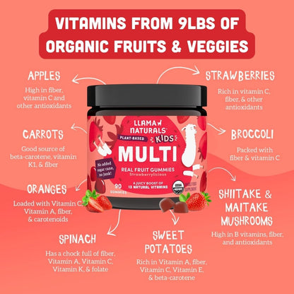 Llama Naturals Kids Multivitamin Gummies – Vegan Organic with Vitamins D, C & K | Strawberry 2 Pack