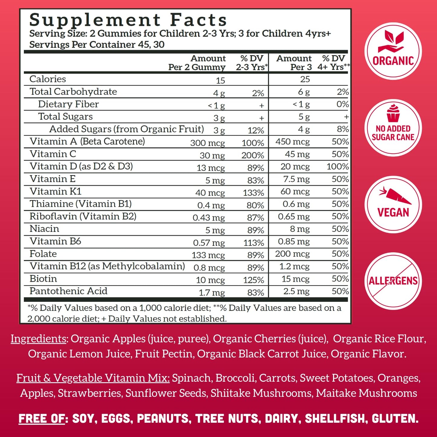 Llama Naturals Kids Multivitamin Gummies - Vegan, Organic, Cherry, 90 ct