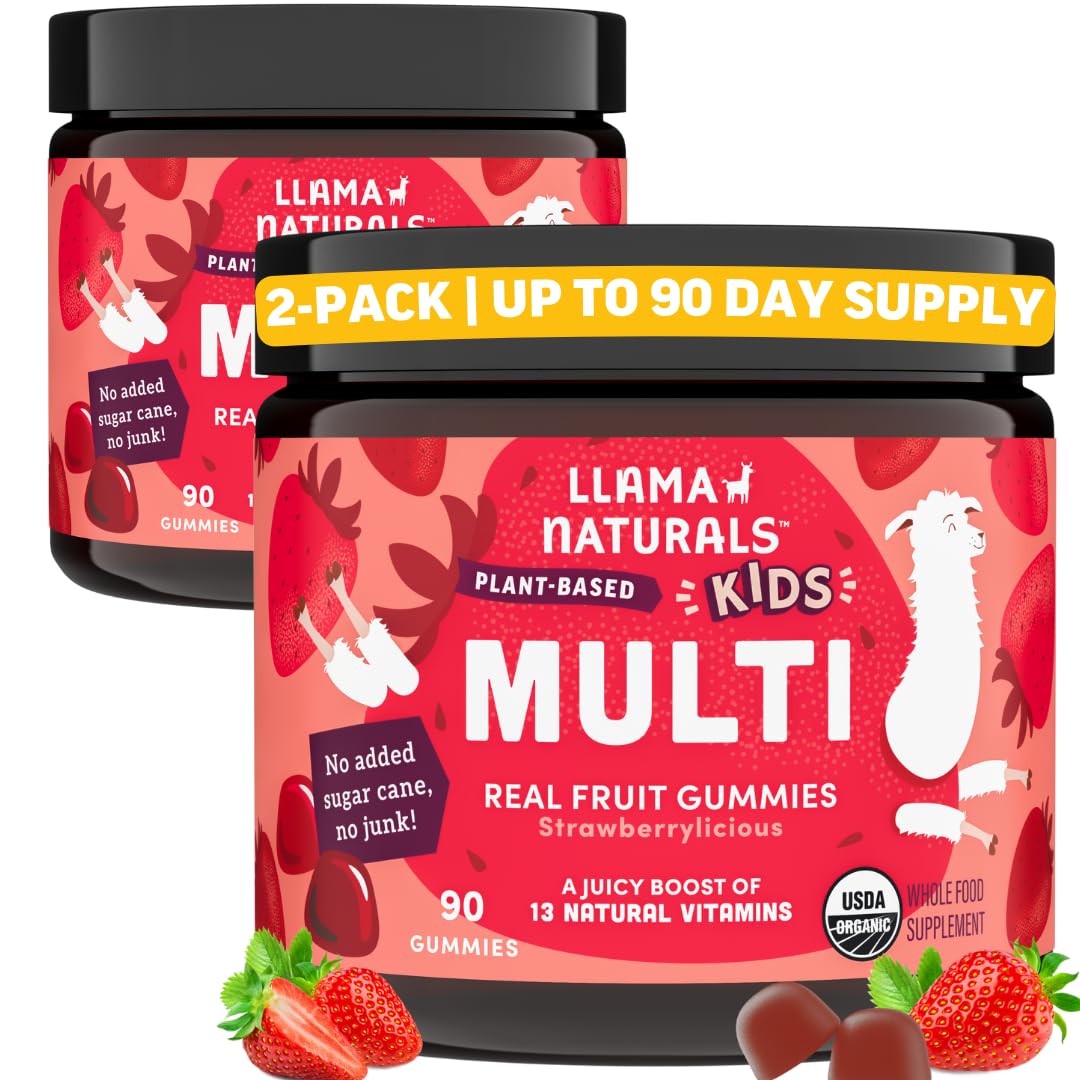 Llama Naturals Kids Multivitamin Gummies – Vegan Organic with Vitamins D, C & K | Strawberry 2 Pack