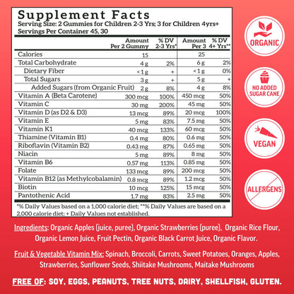 Llama Naturals Kids Multivitamin Gummies - Vegan, Organic, Strawberry, 90 Ct