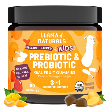 Llama Naturals Kids Probiotic with Prebiotic Fiber – Vegan Gummies (Peach Mango) 60 Ct