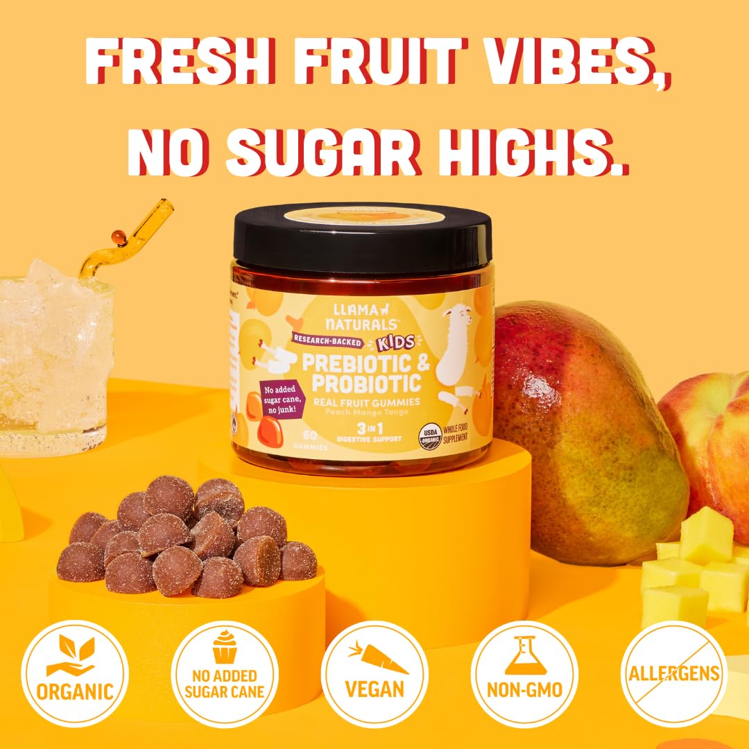 Llama Naturals Kids Probiotic with Prebiotic Fiber – Vegan Gummies (Peach Mango) 60 Ct