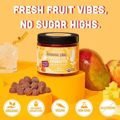 Llama Naturals Kids Probiotic with Prebiotic Fiber – Vegan Gummies (Peach Mango) 60 Ct