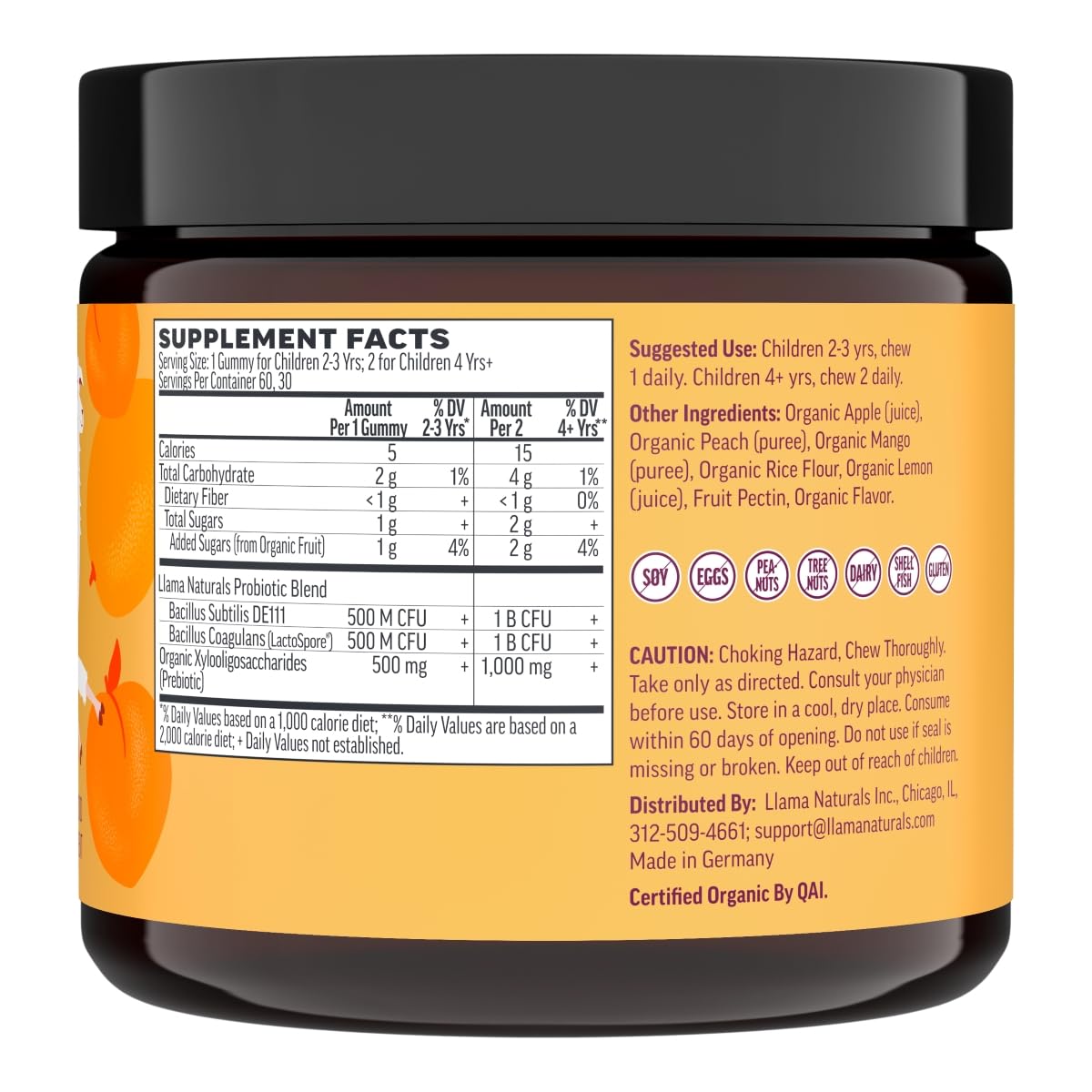 Llama Naturals Kids Probiotic with Prebiotic Fiber – Vegan Gummies (Peach Mango) 60 Ct