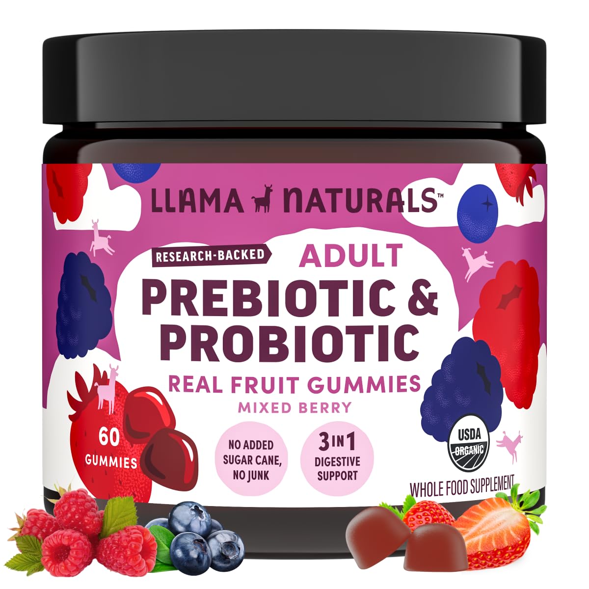 Llama Naturals Probiotics – Vegan Prebiotic Gummies (Mixed Berry) 60 Ct