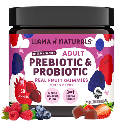 Llama Naturals Probiotics – Vegan Prebiotic Gummies (Mixed Berry) 60 Ct