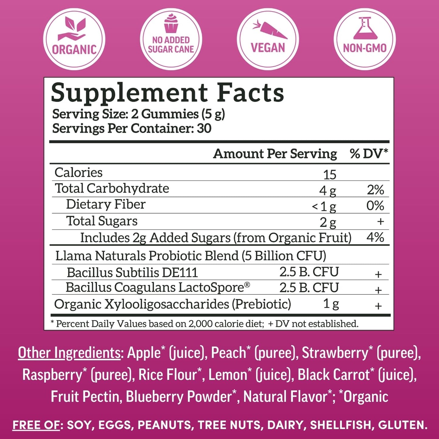 Llama Naturals Probiotics – Vegan Prebiotic Gummies (Mixed Berry) 60 Ct