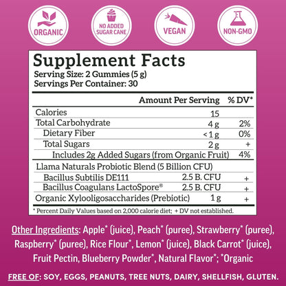 Llama Naturals Probiotics – Vegan Prebiotic Gummies (Mixed Berry) 60 Ct