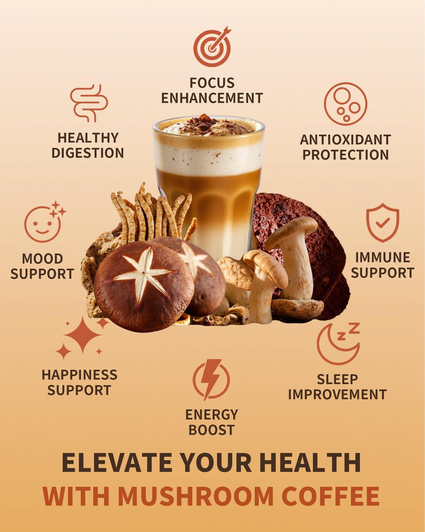 LMKEZHAN Organic Mushroom Coffee – 6 Adaptogenic Mushrooms, Instant, 32 Sticks