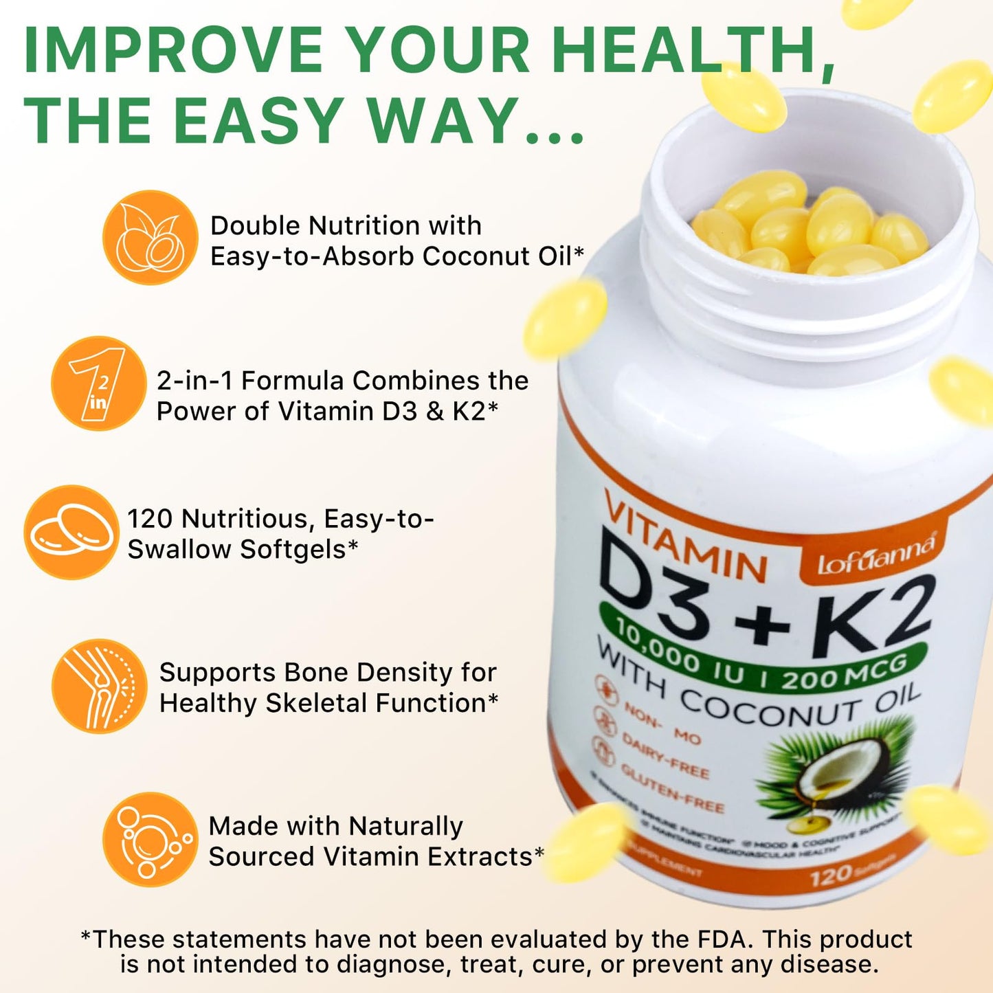 Lofuanna Vitamin D3 K2 Softgels – 2-in-1 D3 & K2 with Coconut Oil