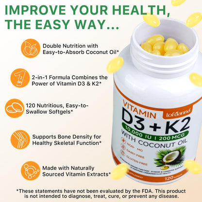 Lofuanna Vitamin D3 K2 Softgels – 2-in-1 D3 & K2 with Coconut Oil