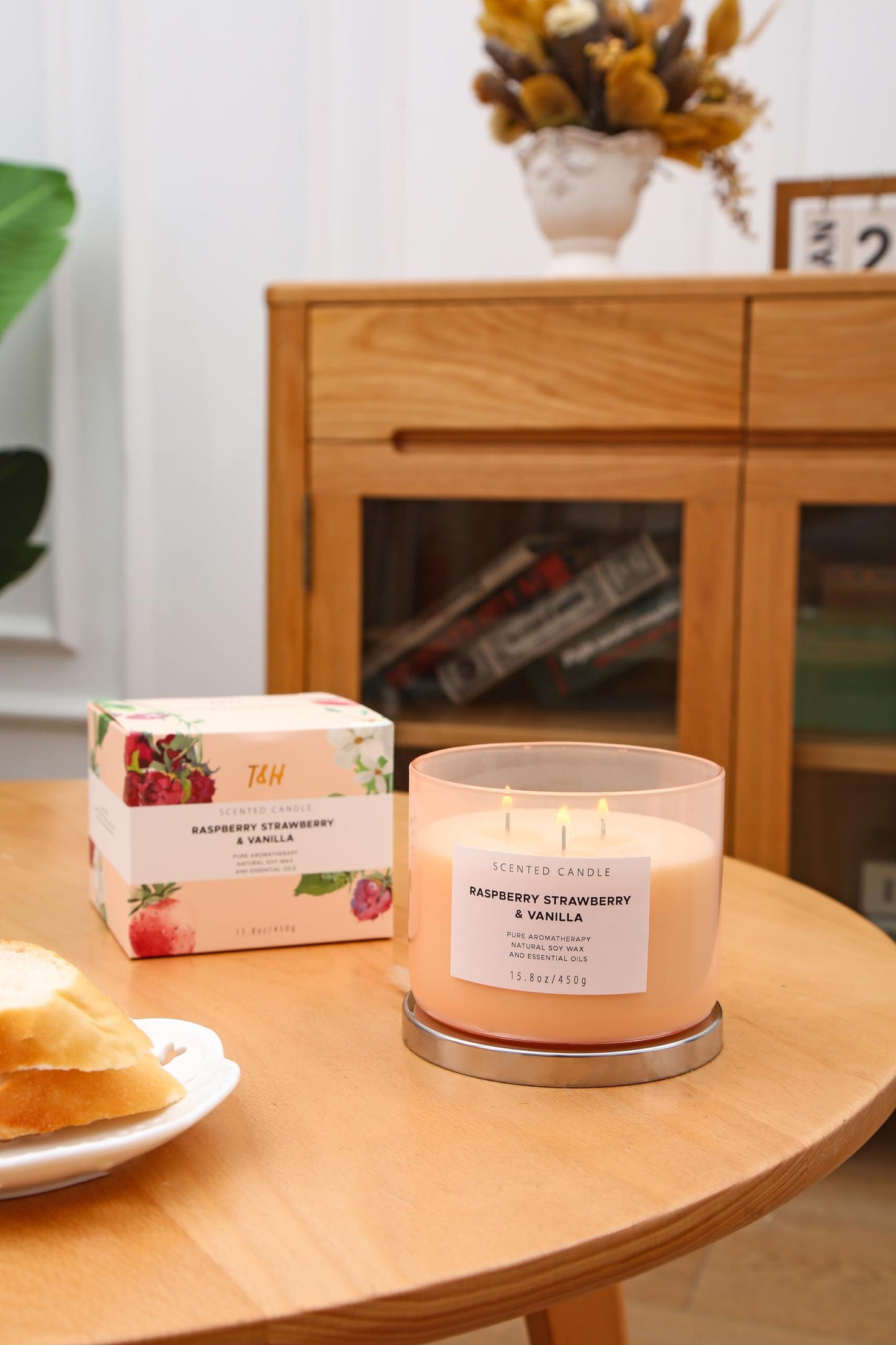 Raspberry Strawberry Vanilla 3-Wick Soy Candle – 15.8 oz | Long-Lasting Aromatherapy with Strong Throw