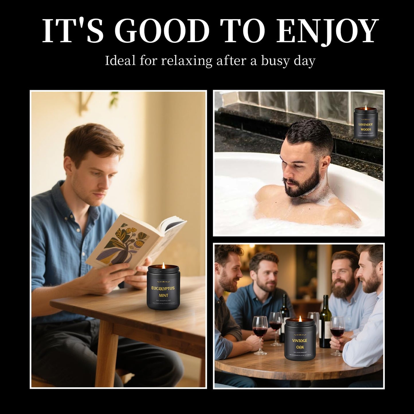 Men's Scented Candles - 4 Pack Soy Candles (28oz, 200h) Leather, Oak, Lavender & Eucalyptus