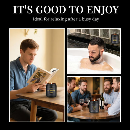 Men's Scented Candles - 4 Pack Soy Candles (28oz, 200h) Leather, Oak, Lavender & Eucalyptus