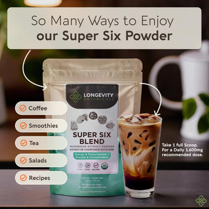 Longevity Botanicals Super Six Organic Mushroom Blend 100g | Reishi, Lion’s Mane, Chaga, Cordyceps, Tremella & Turkey Tail | Extract Powder Mix | 10:1 Ratio | 100% Fruiting Bodies | Mushroom Complex