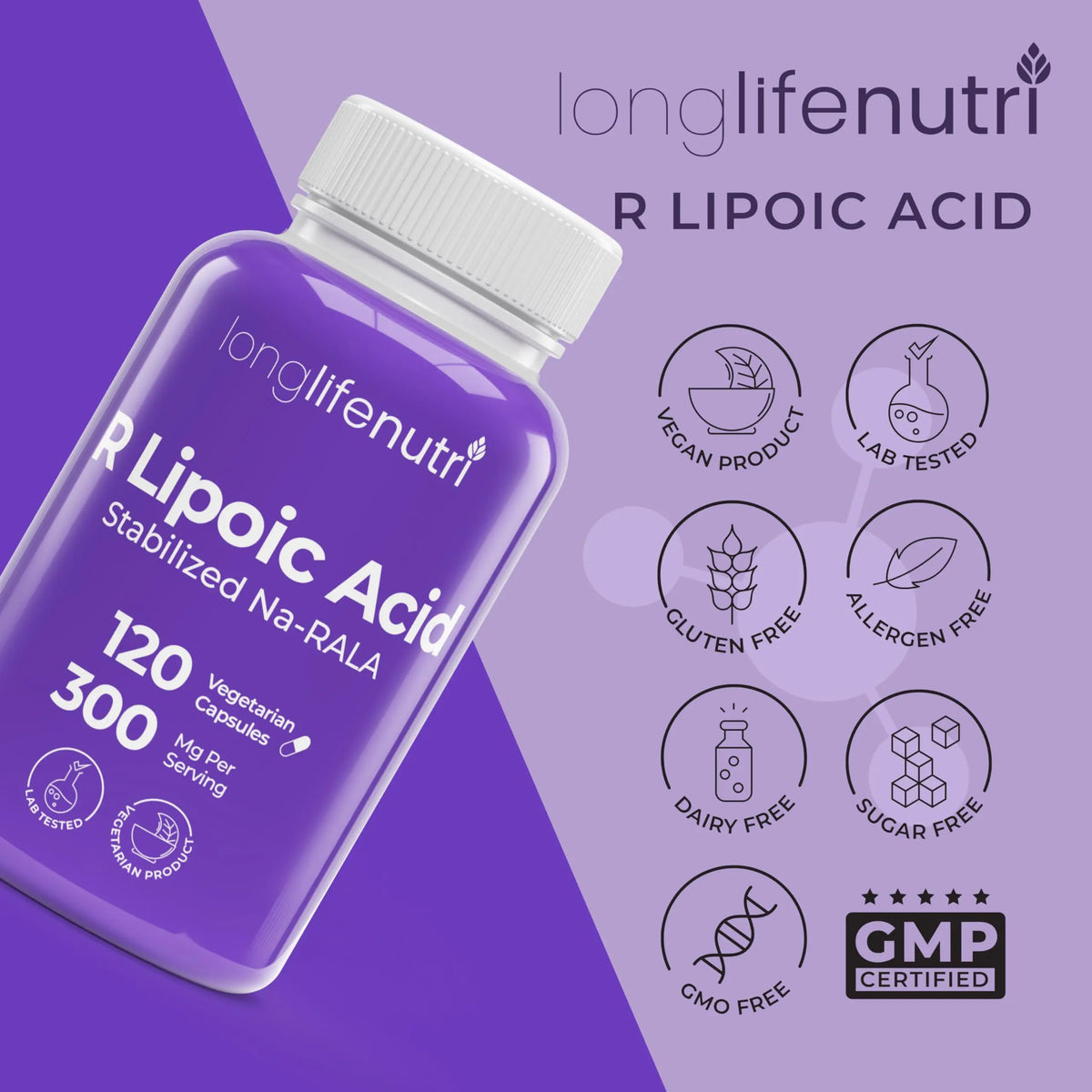 LongLifeNutri Stabilized R-Alpha Lipoic Acid 300mg – 120 Veg Capsules, 4-Month Supply, Made in USA BritishVita | Premium UK Vitamins & Wellness Supplements