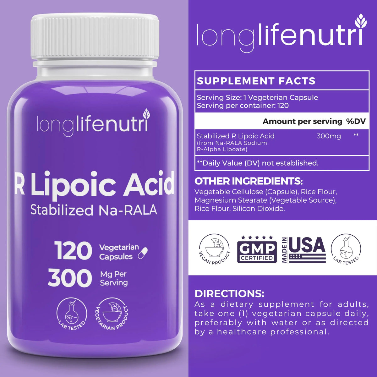LongLifeNutri Stabilized R-Alpha Lipoic Acid 300mg – 120 Veg Capsules, 4-Month Supply, Made in USA BritishVita | Premium UK Vitamins & Wellness Supplements