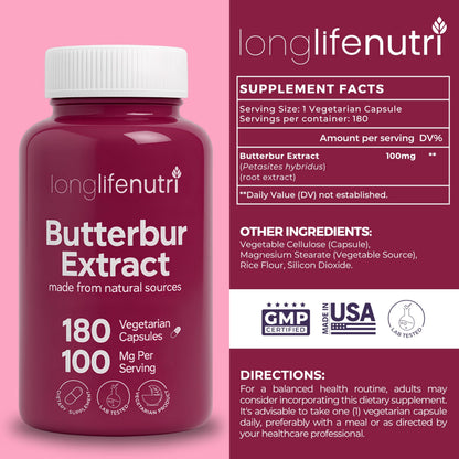 LongLifeNutri Butterbur Extract 100mg – 180 Vegetarian Capsules (6-Month Supply)