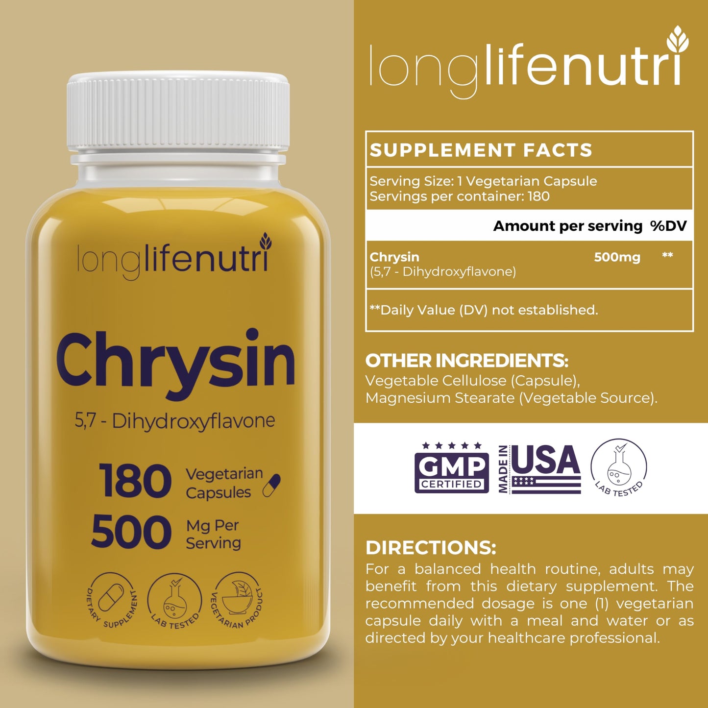 LongLifeNutri Chrysin 500mg – 180 Veg Capsules | USA Made, GMP Certified