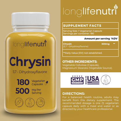 LongLifeNutri Chrysin 500mg – 180 Veg Capsules | USA Made, GMP Certified