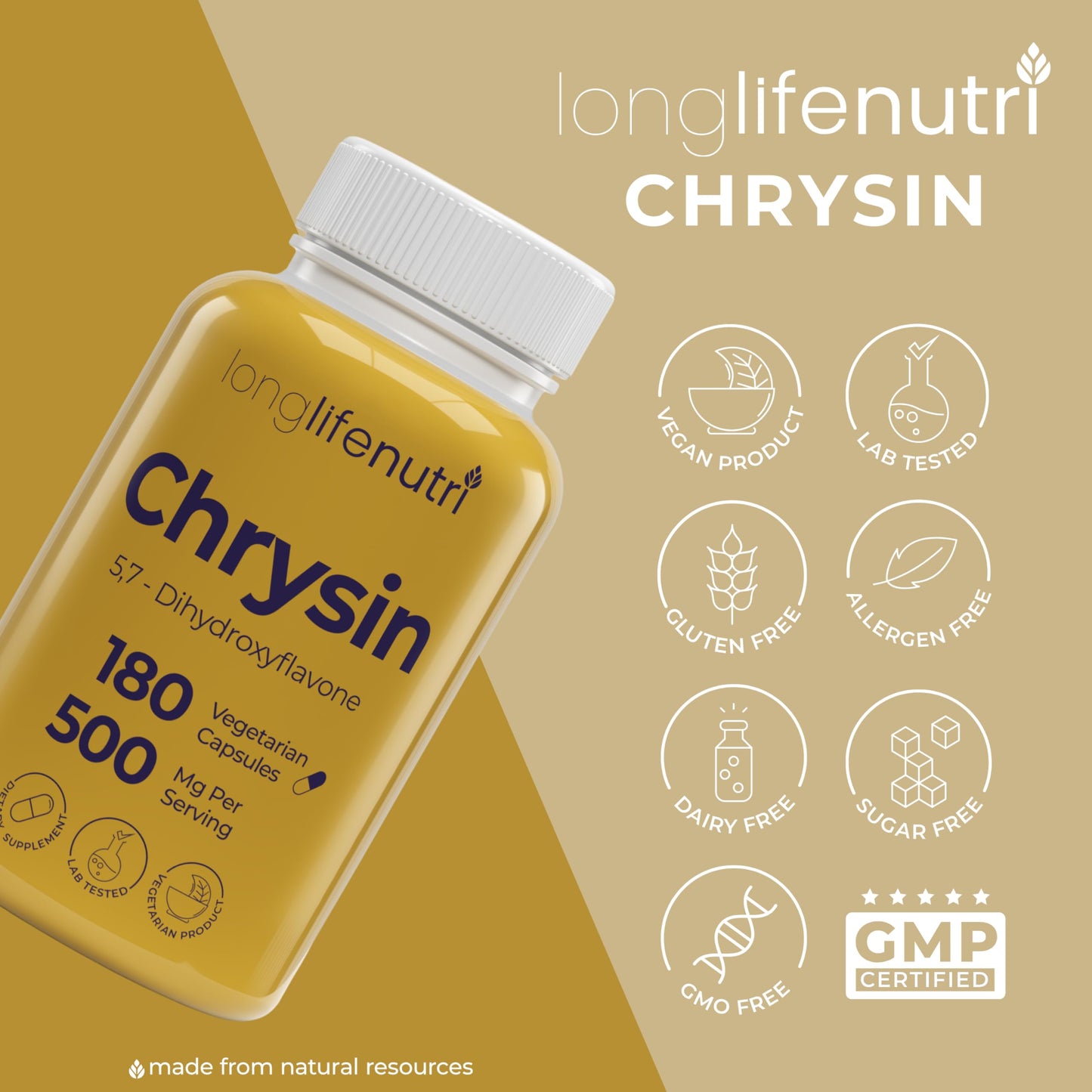 LongLifeNutri Chrysin 500mg – 180 Veg Capsules | USA Made, GMP Certified