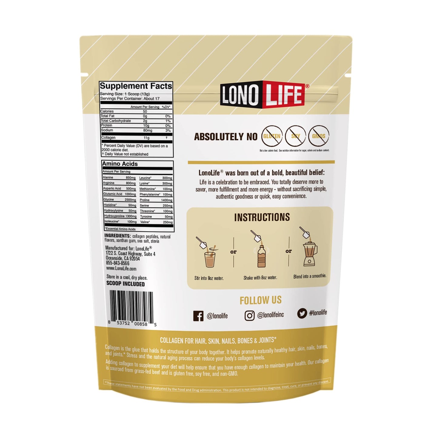 LonoLife Vanilla Collagen Peptides – 10g Protein, Paleo & Keto, 8oz