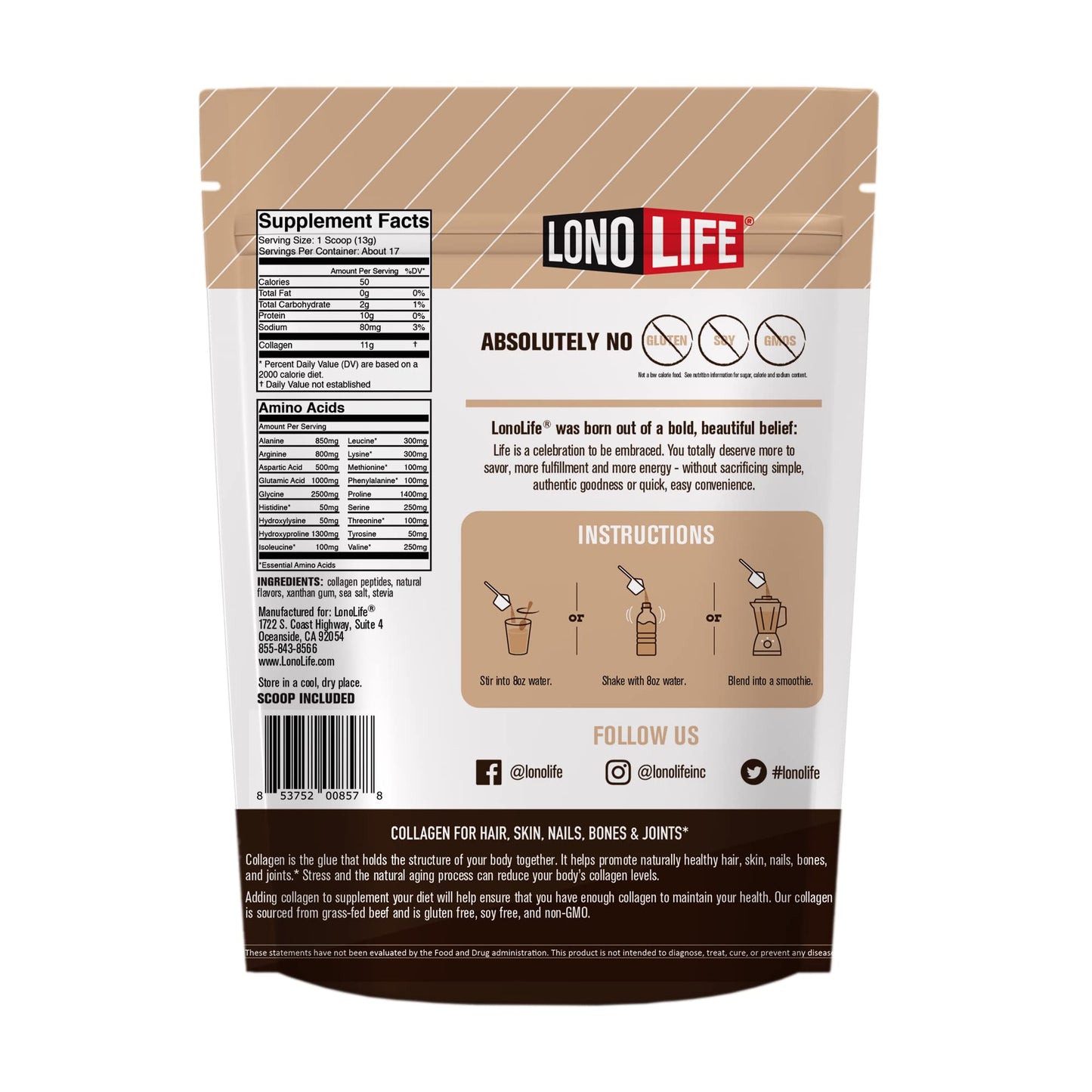 LonoLife Mocha Collagen Peptides - 10g Protein, Paleo & Keto Friendly, 8-Oz Bulk
