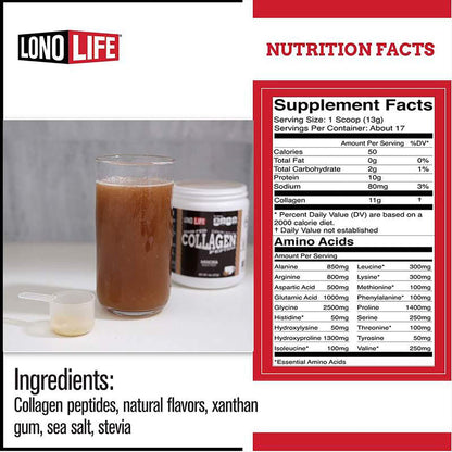 LonoLife Mocha Collagen Peptides - 10g Protein, Paleo & Keto Friendly, 8-Oz Bulk