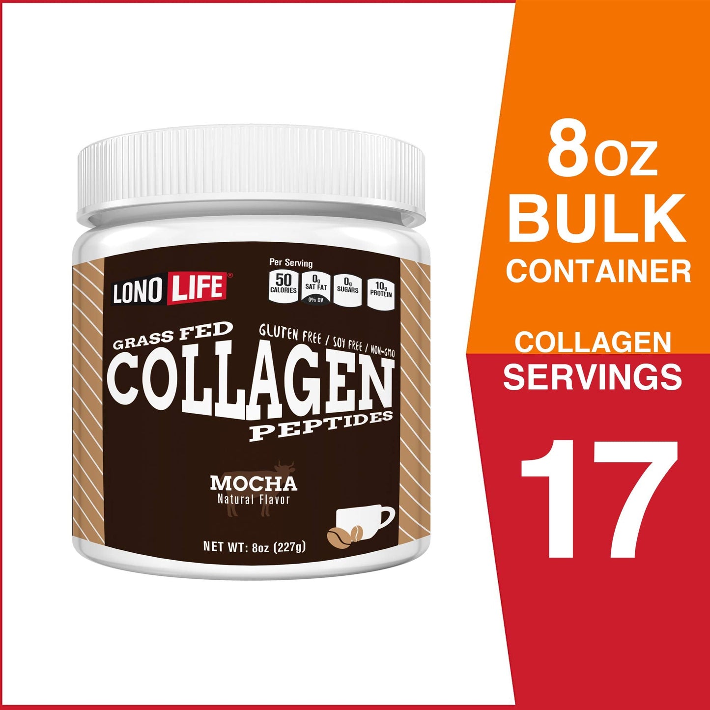 LonoLife Mocha Collagen Peptides - 10g Protein, Paleo & Keto Friendly, 8-Oz Bulk