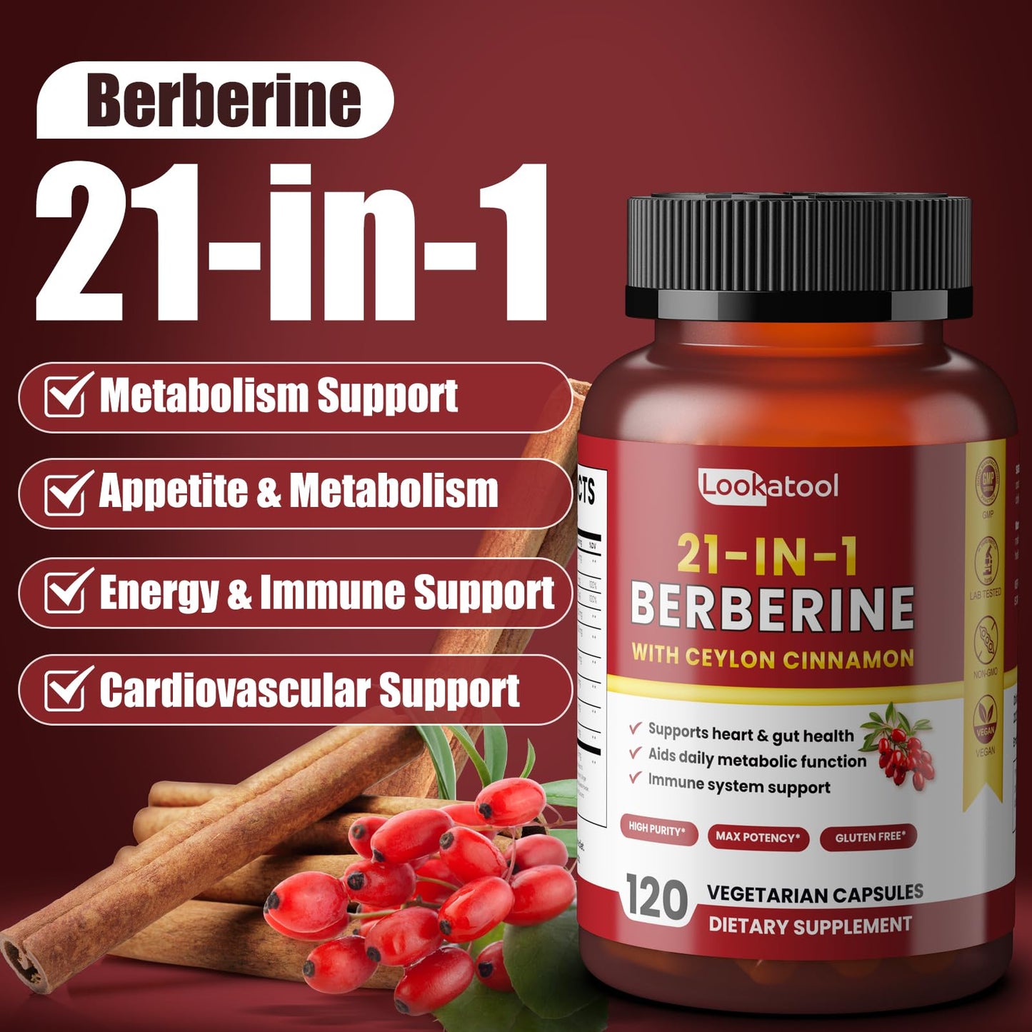 Lookatool 21-in-1 Berberine with Ceylon Cinnamon Phytosome | Metabolism Support 120 Capsules