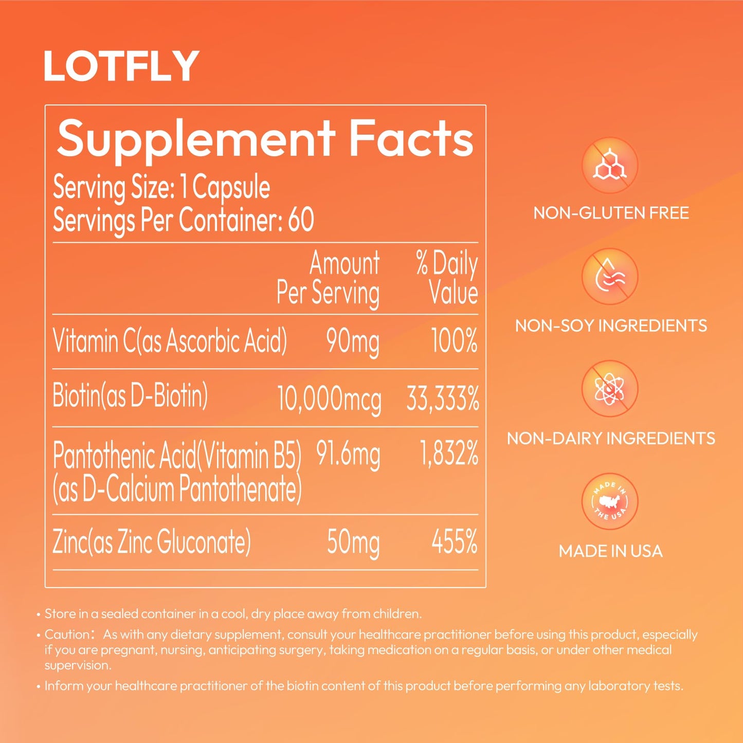 LOTFLY Biotin 10000 mcg with Zinc Vitamin C & Calcium Pantothenate – Supports Healthy Hair Growth, Strong Nails & Glowing Skin for Women & Men | Made in The USA | 60 Vegan Capsules (2 Months Supply)