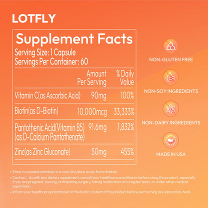 LOTFLY Biotin 10000 mcg with Zinc Vitamin C & Calcium Pantothenate – Supports Healthy Hair Growth, Strong Nails & Glowing Skin for Women & Men | Made in The USA | 60 Vegan Capsules (2 Months Supply)