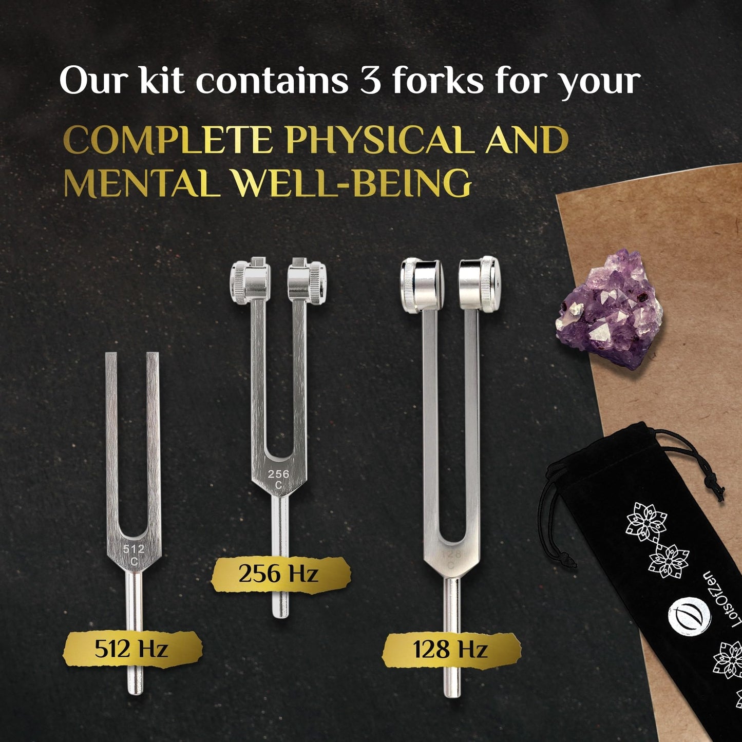 LOTS OF ZEN Tuning Forks for Healing Set – 128Hz, 256Hz, 512Hz | Sound Therapy & Yoga Accessories