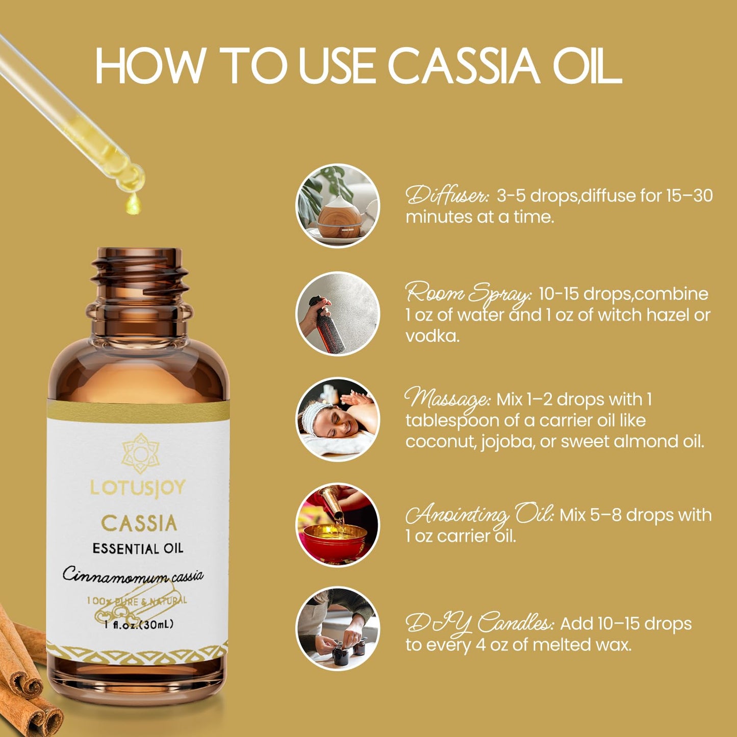 LOTUSJOY Cassia Cinnamon Bark Essential Oil – 1 oz | Pure, Steam-Distilled