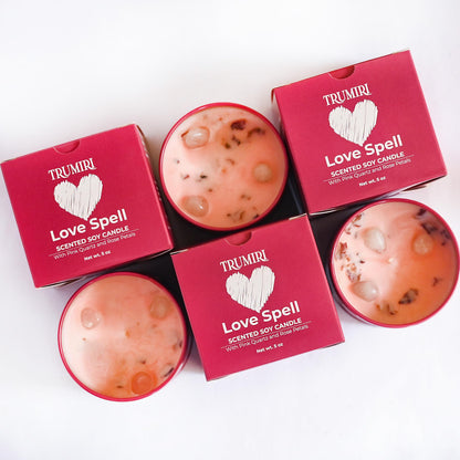 Love Spell Scented Candles - Soy, Rose Petals & Crystals | Pack of 3 x 5oz - Organic Non-Toxic Aromatherapy Gift