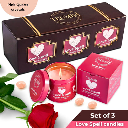 Love Spell Scented Candles - Soy, Rose Petals & Crystals | Pack of 3 x 5oz - Organic Non-Toxic Aromatherapy Gift