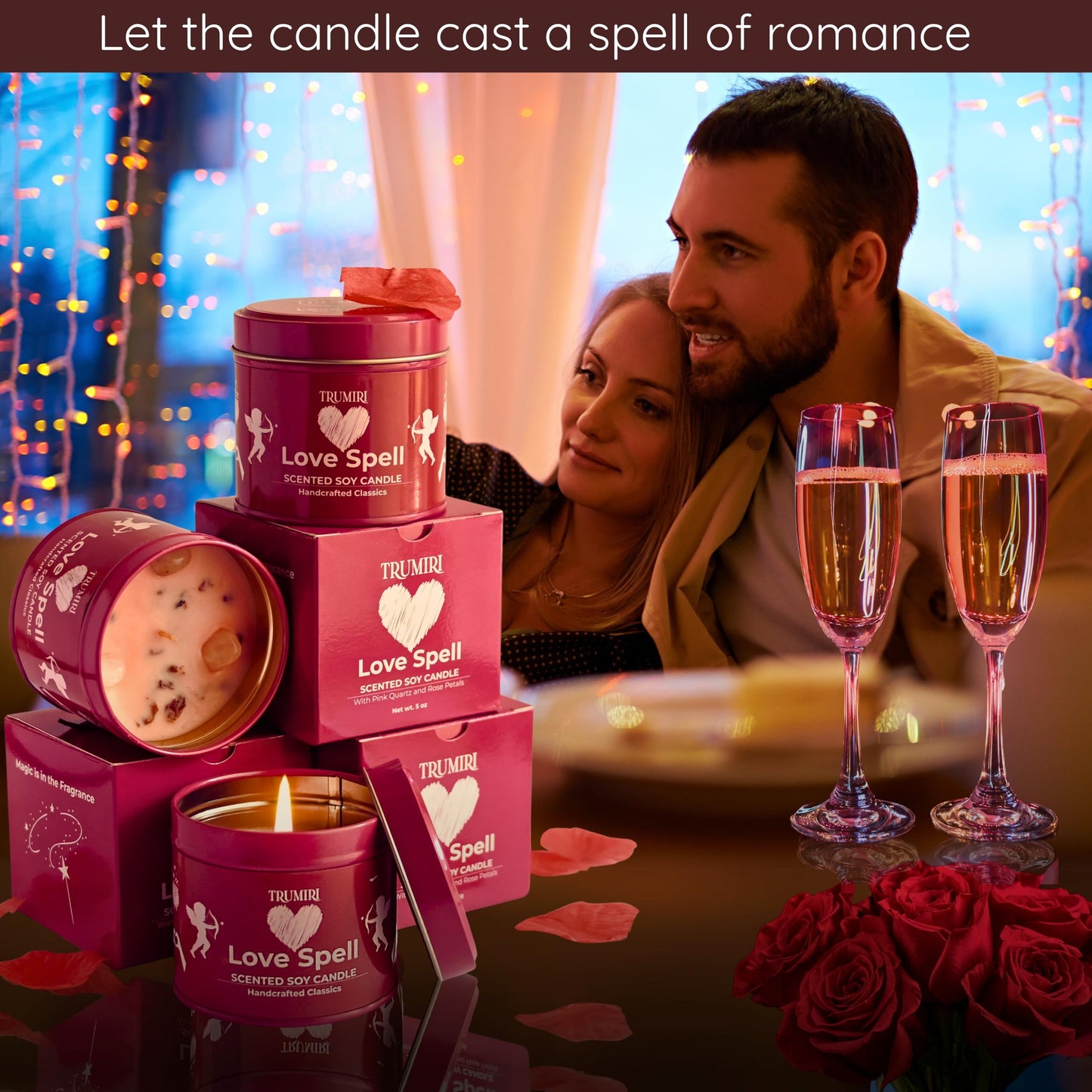 Love Spell Scented Candles - Soy, Rose Petals & Crystals | Pack of 3 x 5oz - Organic Non-Toxic Aromatherapy Gift