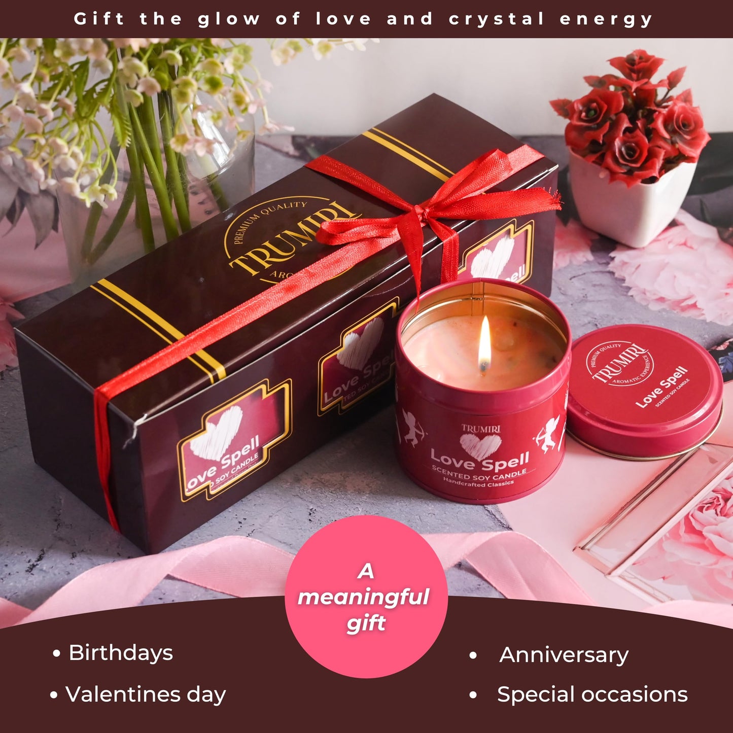 Love Spell Scented Candles - Soy, Rose Petals & Crystals | Pack of 3 x 5oz - Organic Non-Toxic Aromatherapy Gift