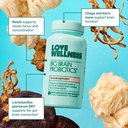 Love Wellness Big Brain Probiotics | Nootropics Brain Support Supplement | Brain Supplements for Memory and Focus | Promotes Mental Clarity & Mood | Organic Reishi, Chaga, & Lions Mane | 30 Count