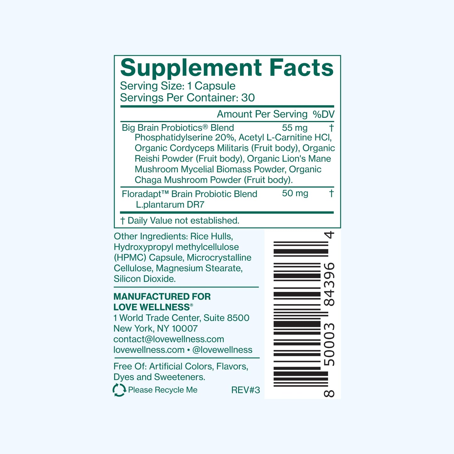 Love Wellness Big Brain Probiotics | Nootropics Brain Support Supplement | Brain Supplements for Memory and Focus | Promotes Mental Clarity & Mood | Organic Reishi, Chaga, & Lions Mane | 30 Count
