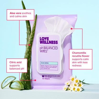 Love Wellness pH Balancing Wipes for Women – Fragrance-Free, Aloe Vera, 2-Pack Travel Size