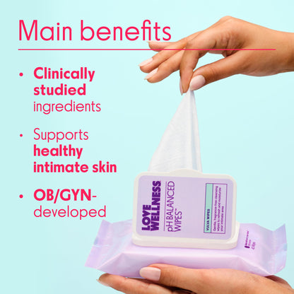 Love Wellness pH Balancing Wipes for Women – Fragrance-Free, Aloe Vera, 2-Pack Travel Size