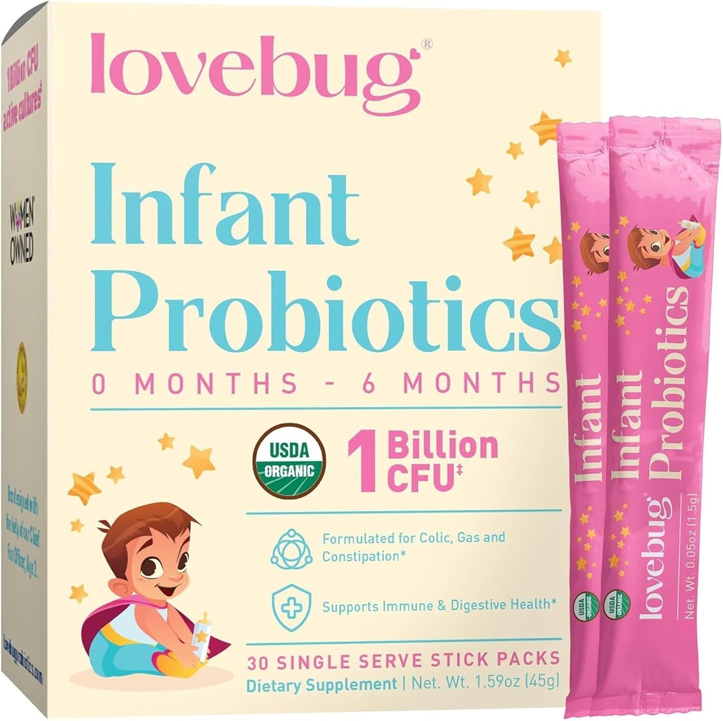 LOVEBUG Infant Probiotics 0-6 Months | USDA Organic, Sugar-Free, Tasteless Powder (30 Pack)
