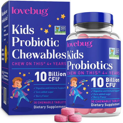 LOVEBUG Probiotics for Kids – Berry Chewables, 11B CFU, 7 Strains, 30 Count