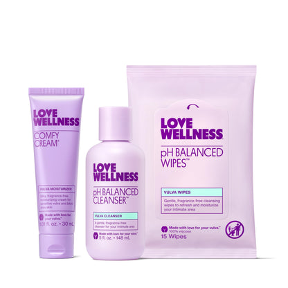 Love Wellness Skincare for Down There Bundle | Gentle pH-Balancing Cleanser, Comfy Cream & Fragrance-Free Wipes