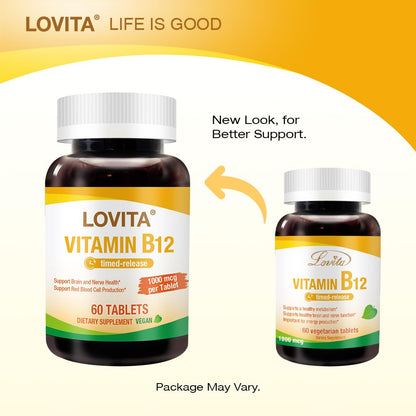 LOVITA Vitamin B12 1000 mcg | Timed Release, Vegan, Supports Nervous System | 60 Tablets (2 Month Supply)